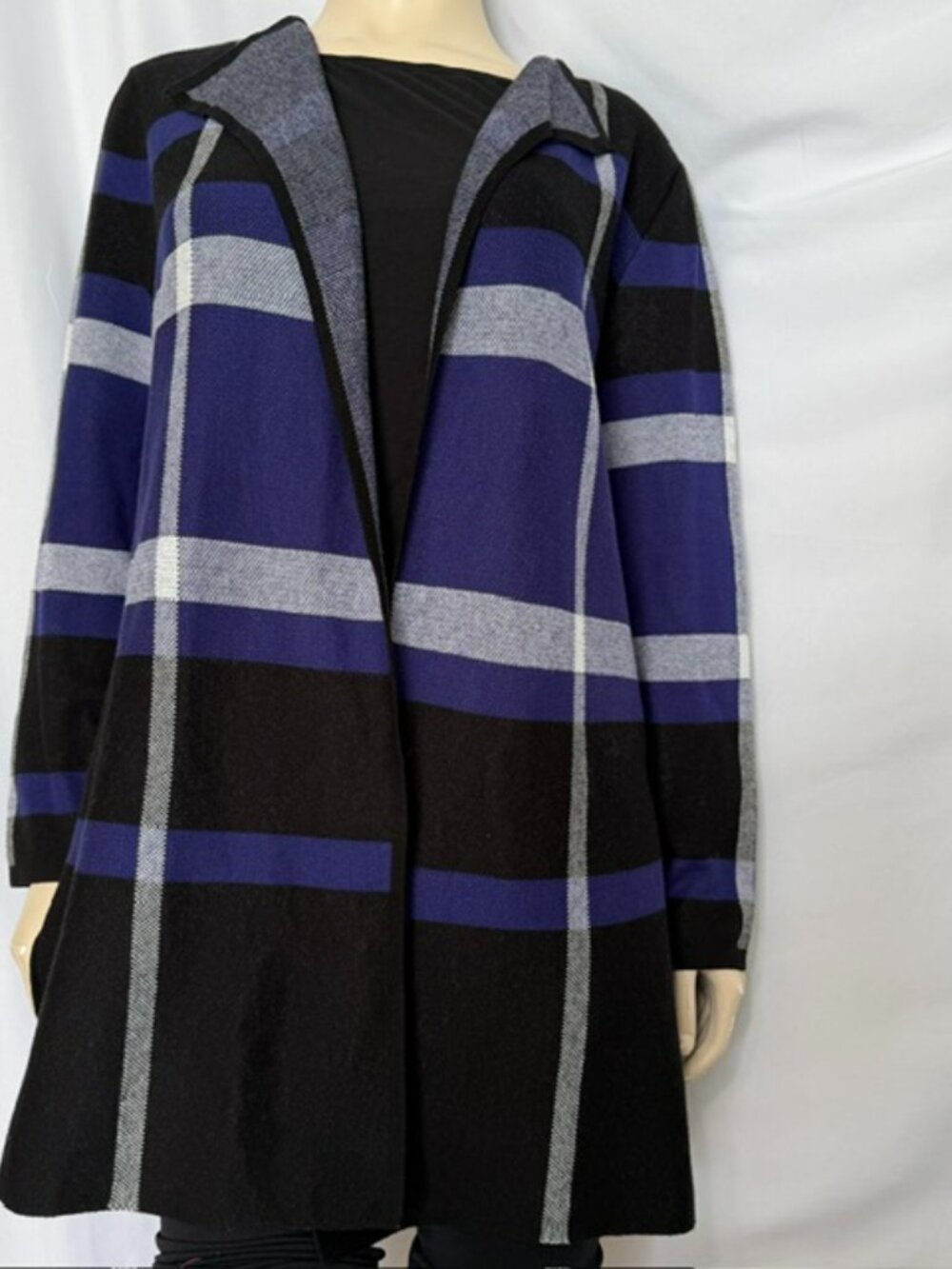 Anne Klein Women's‎ Black/Purple Plaid  Longline Cardigan Sweater Size Large